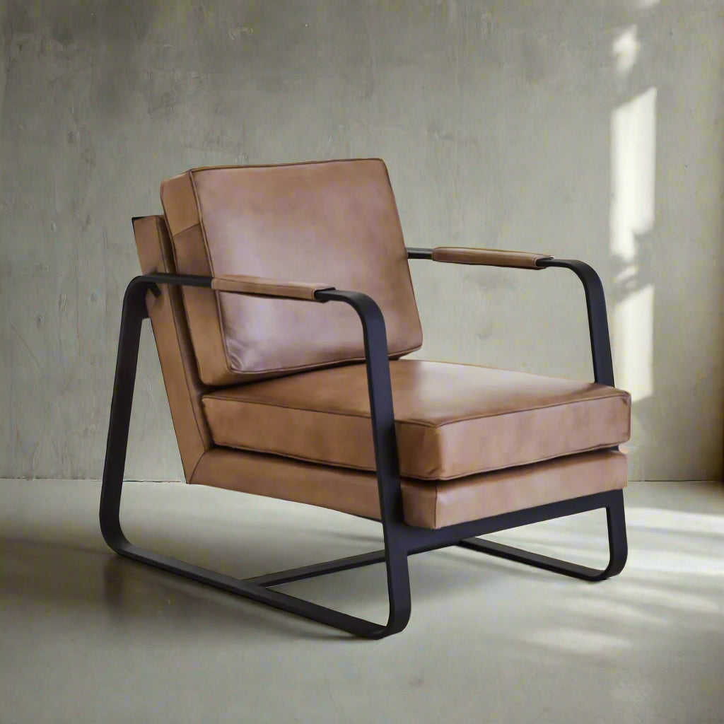 Bovine Grey Leather Armchair With Black Iron Frame